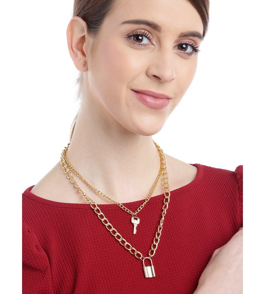 YouBella Valentine Non-Precious Metal Alloy No Gemstone Jewellery Multi Layered Gold Plated Lock and Key Necklace for Women (Gold)