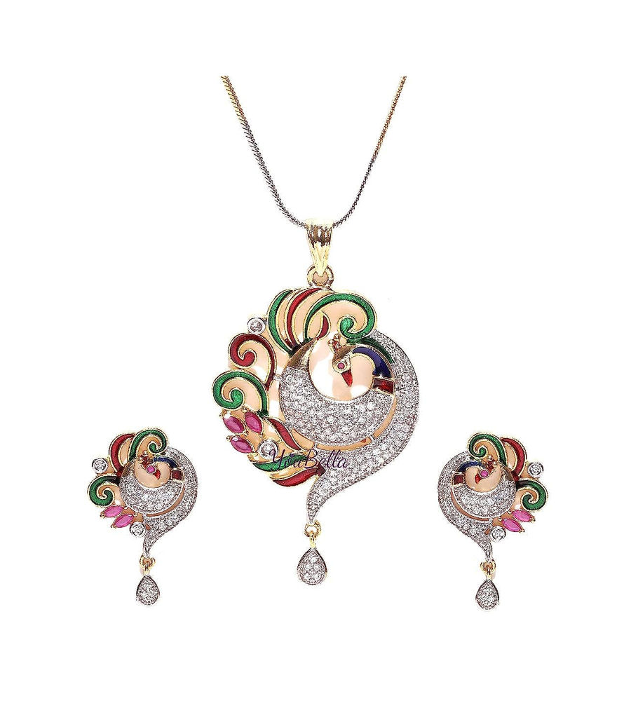 YouBella CZ Designer Peacock Pendant Set with Chain