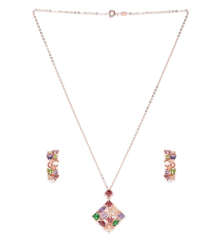 YouBella Green  Red Rose Gold-Toned Stone Studded Diamond Shaped Jewellery Set