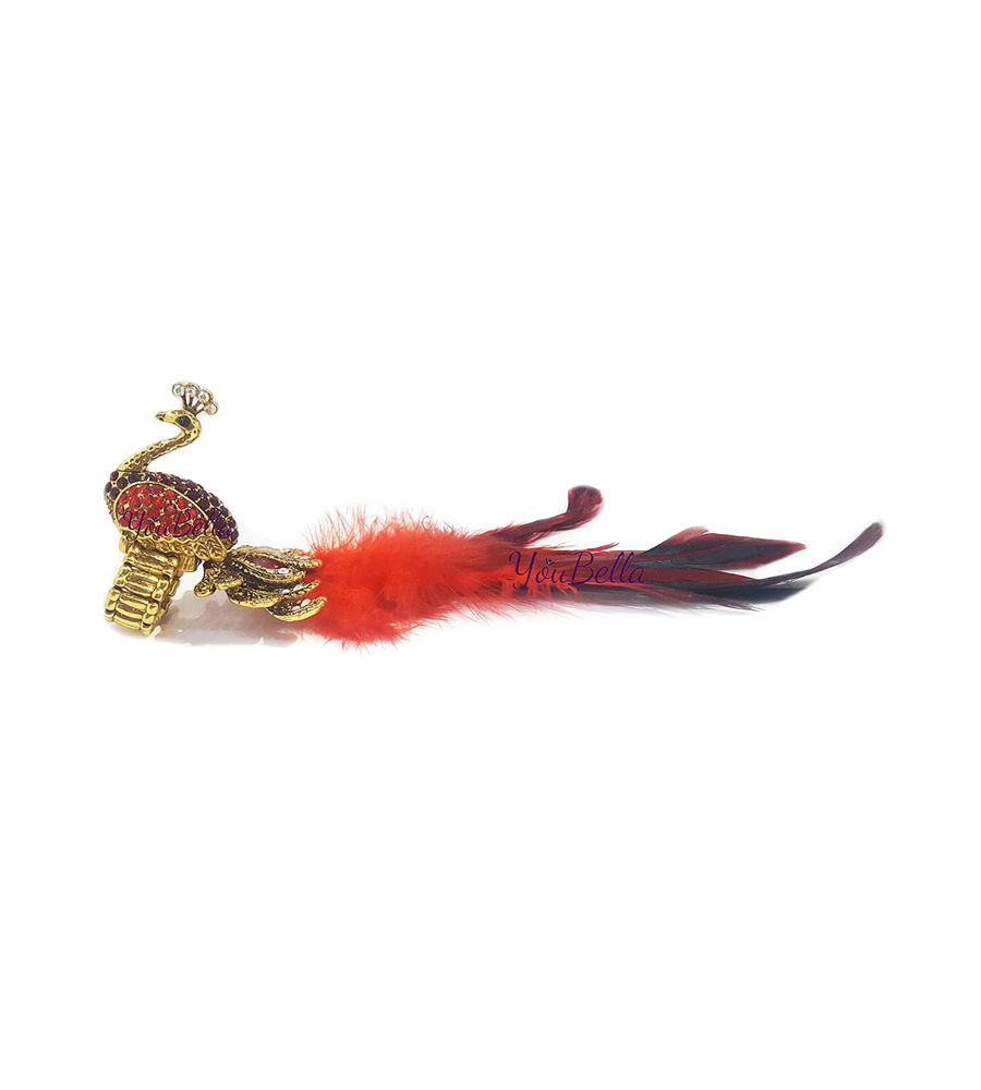 YouBella Jewellery Designer Peacock Feather Adjustable Ring for Girls and Women (Red)