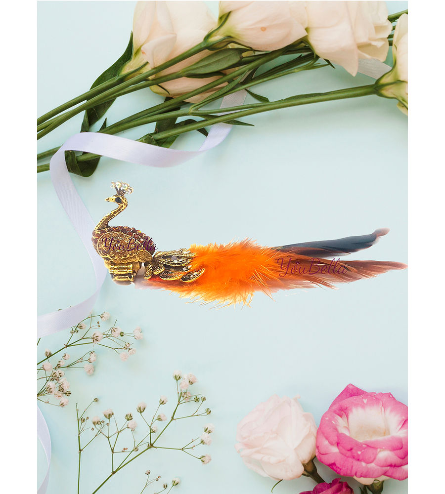 YouBella Jewellery Designer Peacock Feather Adjustable Ring for Girls and Women (Orange)
