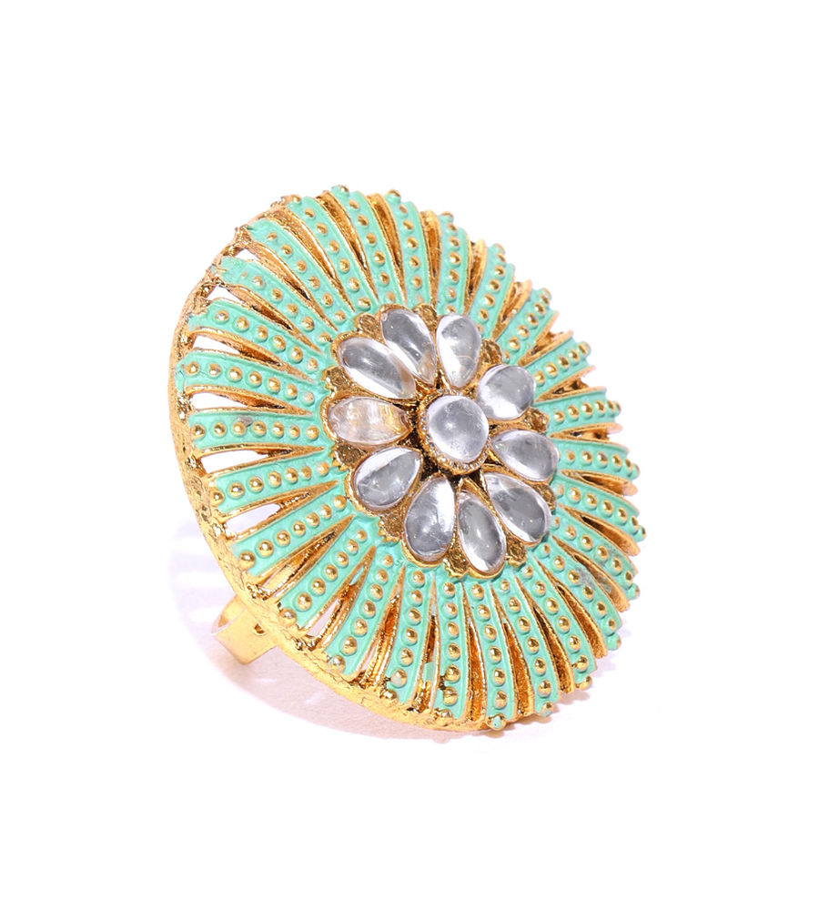 YouBella Green Gold-Plated Stone-Studded Meenakari Adjustable Finger Ring