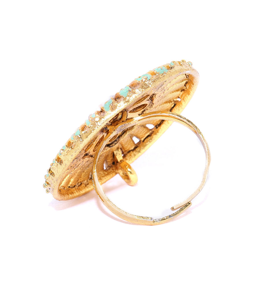 YouBella Green Gold-Plated Stone-Studded Meenakari Adjustable Finger Ring
