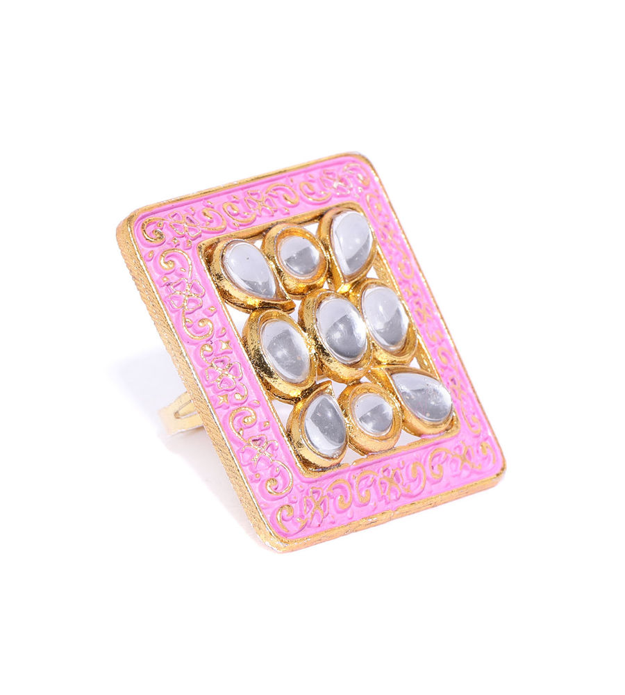 YouBella Pink Gold-Plated Stone-Studded Meenakari Adjustable Finger Ring