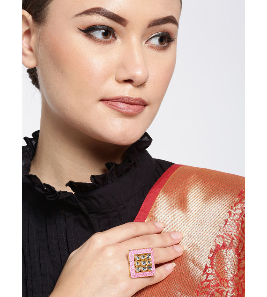 YouBella Pink Gold-Plated Stone-Studded Meenakari Adjustable Finger Ring