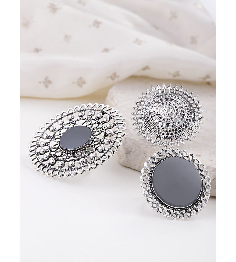 YouBella Oxidized Silver Plated Afghani Rings for Women and Girls (Adjustable Size, Combo of 3, Style 3)