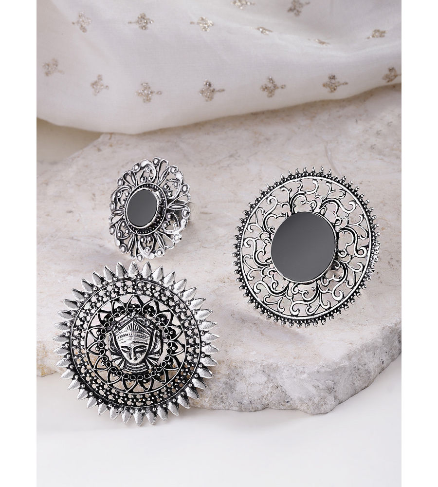 YouBella Jewellery Afghani Oxidised Silver Plated Combo of 3 Rings for Women and Girls (Adjustable Size)