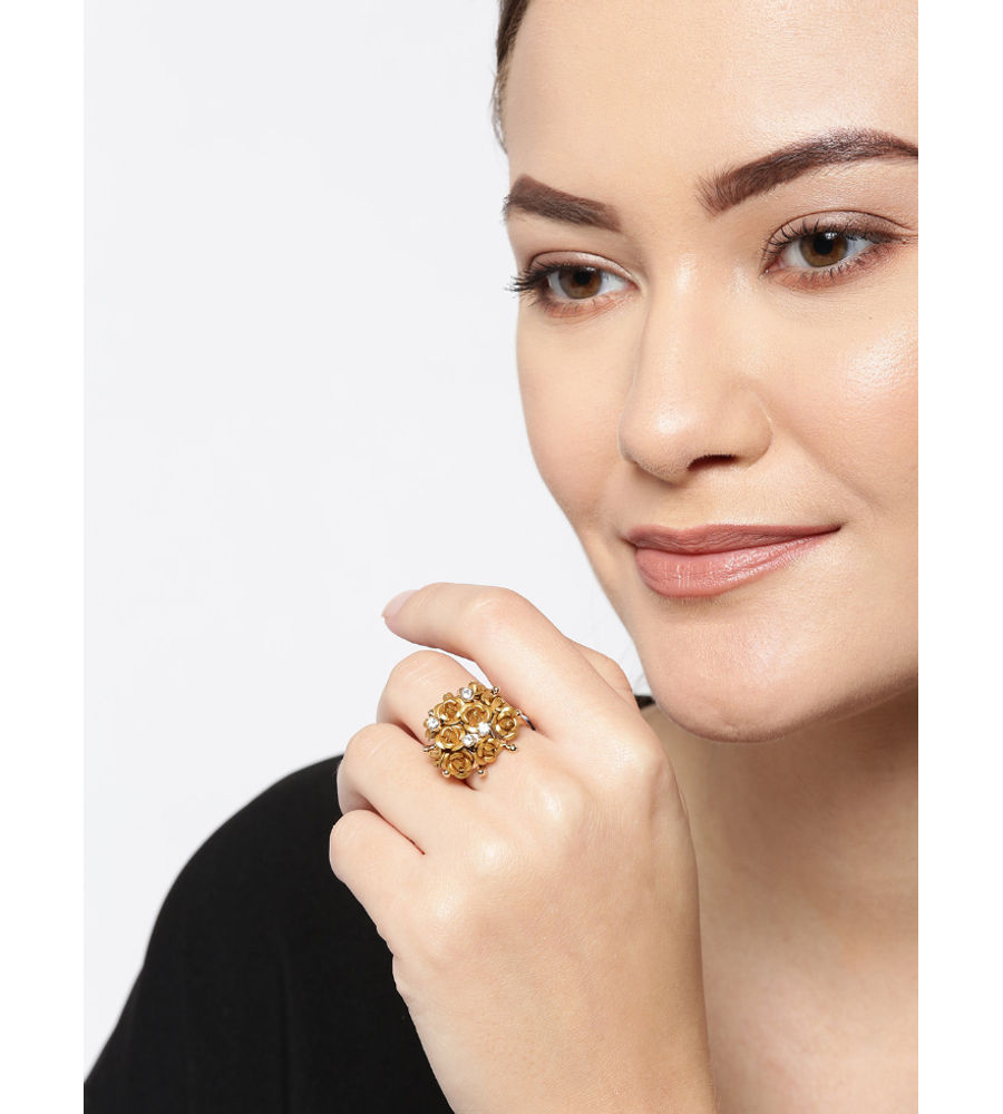 YouBella Gold-Plated Stone-Studded Floral Adjustable Finger Ring