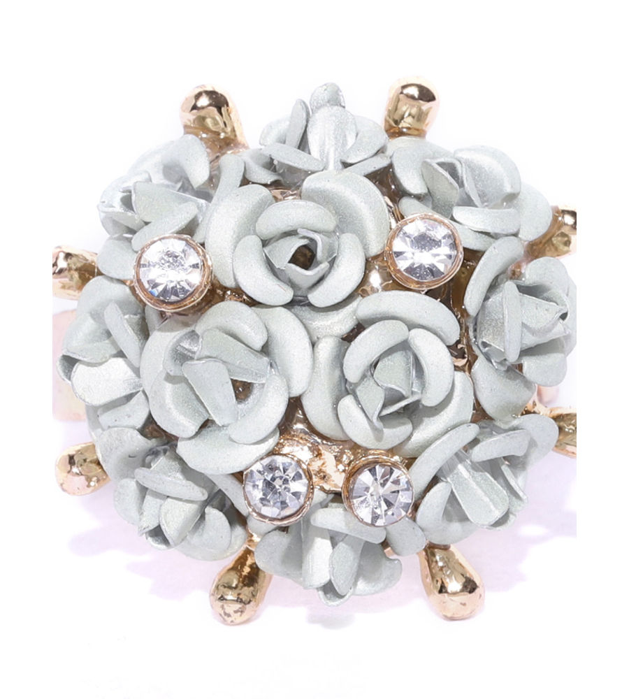 YouBella Grey Gold-Plated Stone-Studded Floral Adjustable Finger Ring