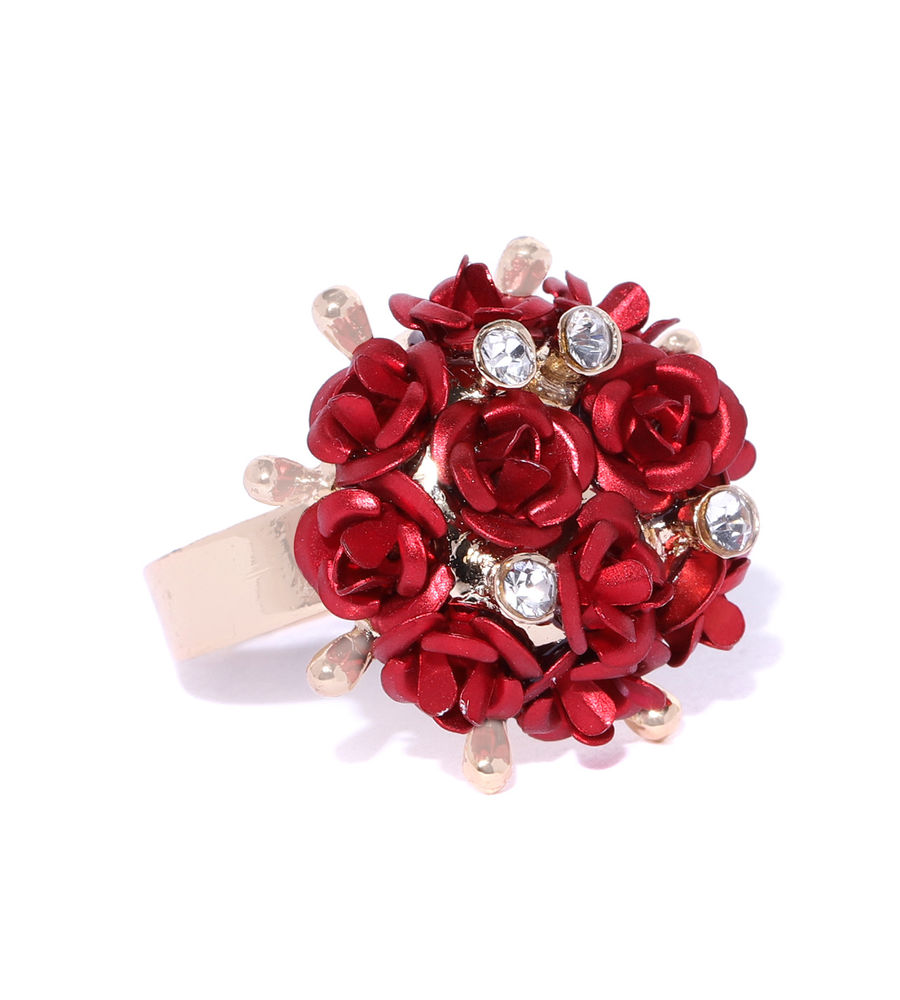 YouBella Red Gold-Plated Stone-Studded Floral Adjustable Finger Ring