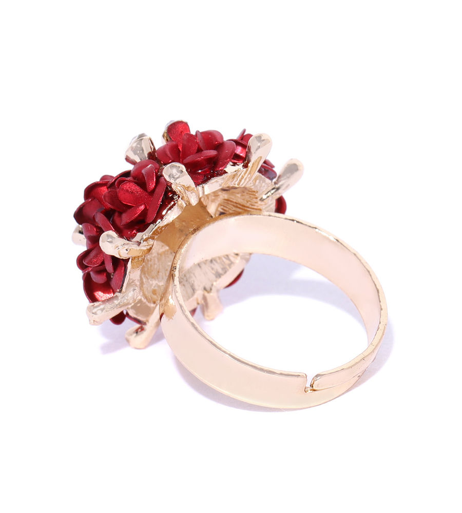 YouBella Red Gold-Plated Stone-Studded Floral Adjustable Finger Ring