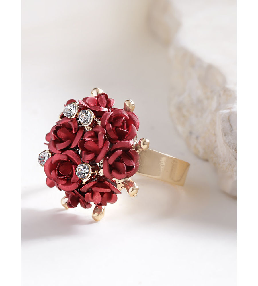 YouBella Red Gold-Plated Stone-Studded Floral Adjustable Finger Ring