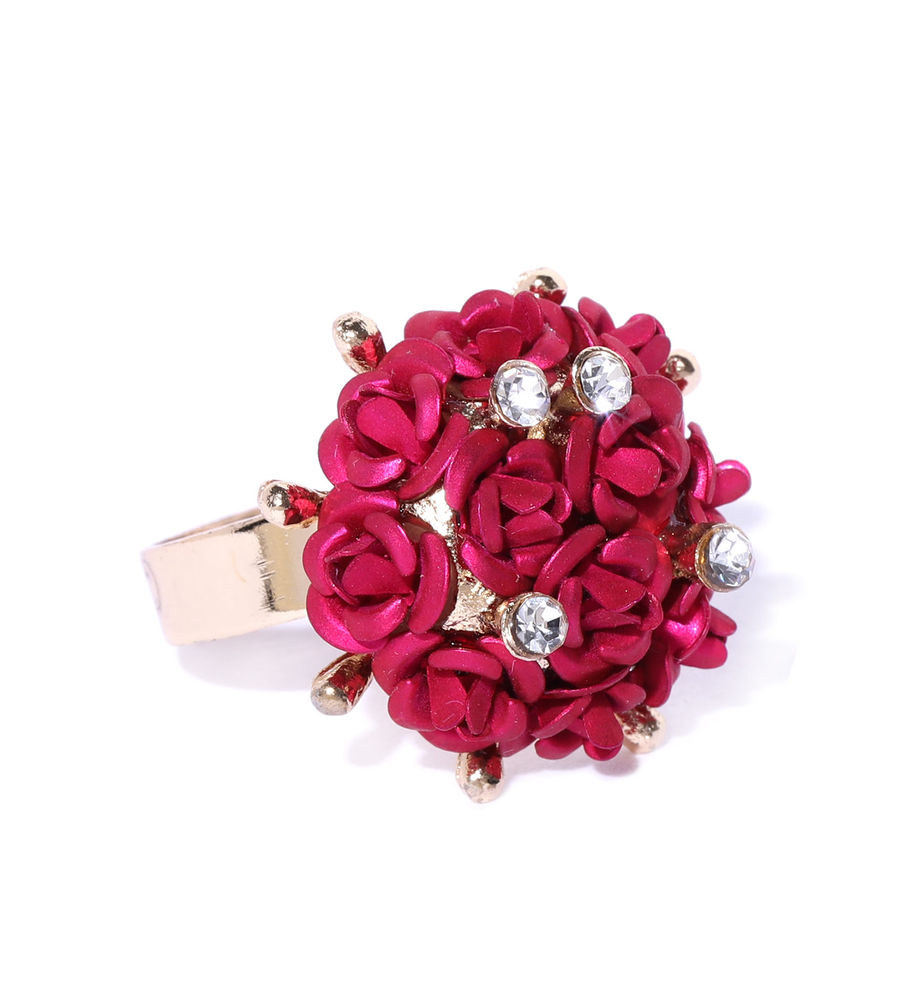 YouBella Magenta Gold-Plated Stone-Studded Floral Adjustable Finger Ring