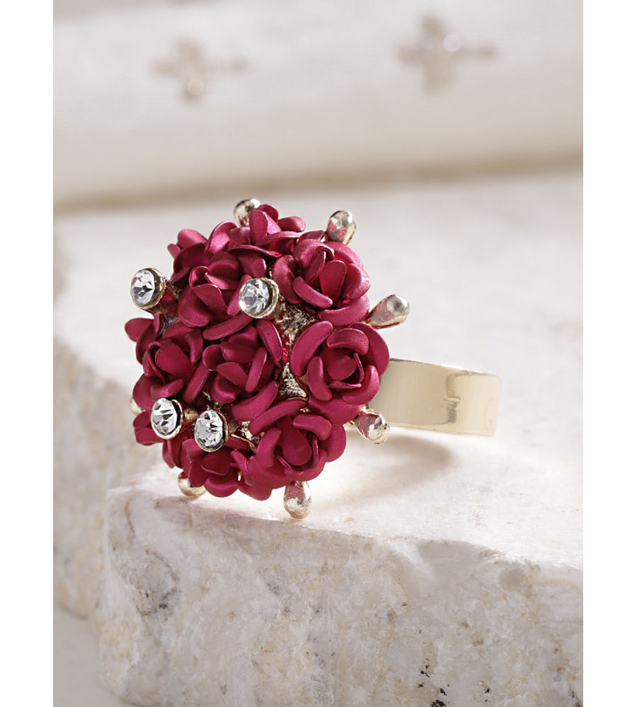 YouBella Magenta Gold-Plated Stone-Studded Floral Adjustable Finger Ring