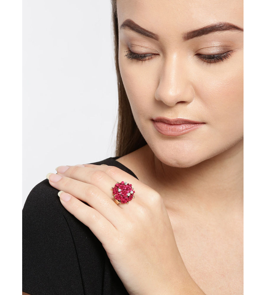 YouBella Magenta Gold-Plated Stone-Studded Floral Adjustable Finger Ring