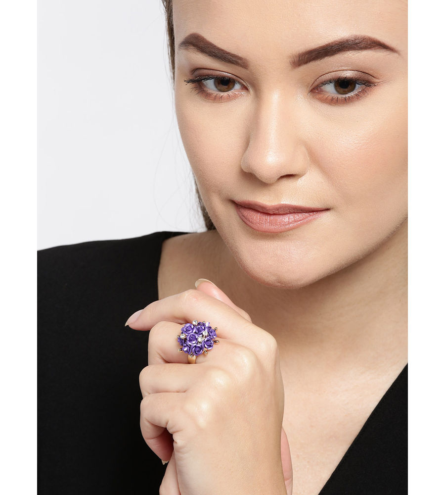 YouBella Purple Gold-Plated Stone-Studded Floral Adjustable Finger Ring