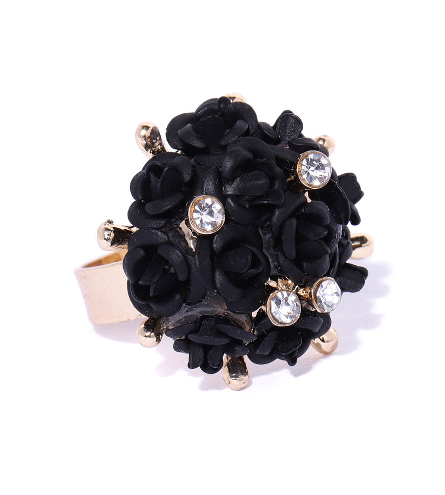 YouBella Black Gold-Plated Stone-Studded Floral Adjustable Finger Ring