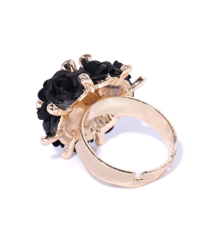 YouBella Black Gold-Plated Stone-Studded Floral Adjustable Finger Ring