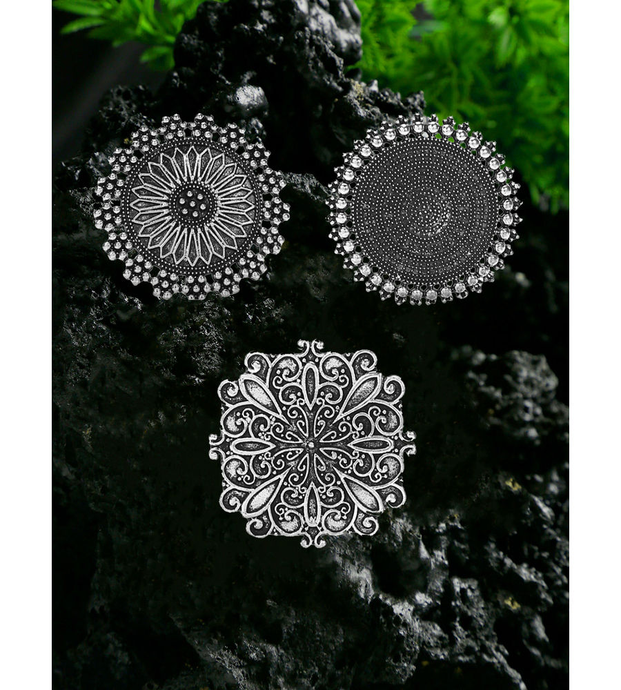 YouBella Oxidized Silver Plated Afghani Rings for Women and Girls (Adjustable Size, Combo of 3 , Style 1)