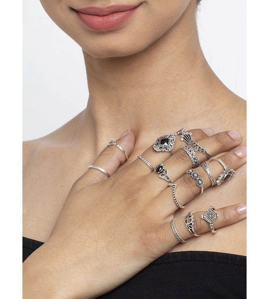 YouBella Oxidised Combo of 15 Boho Silver Plated Rings for Girls and Women (YBRG_20111A) (Silver)