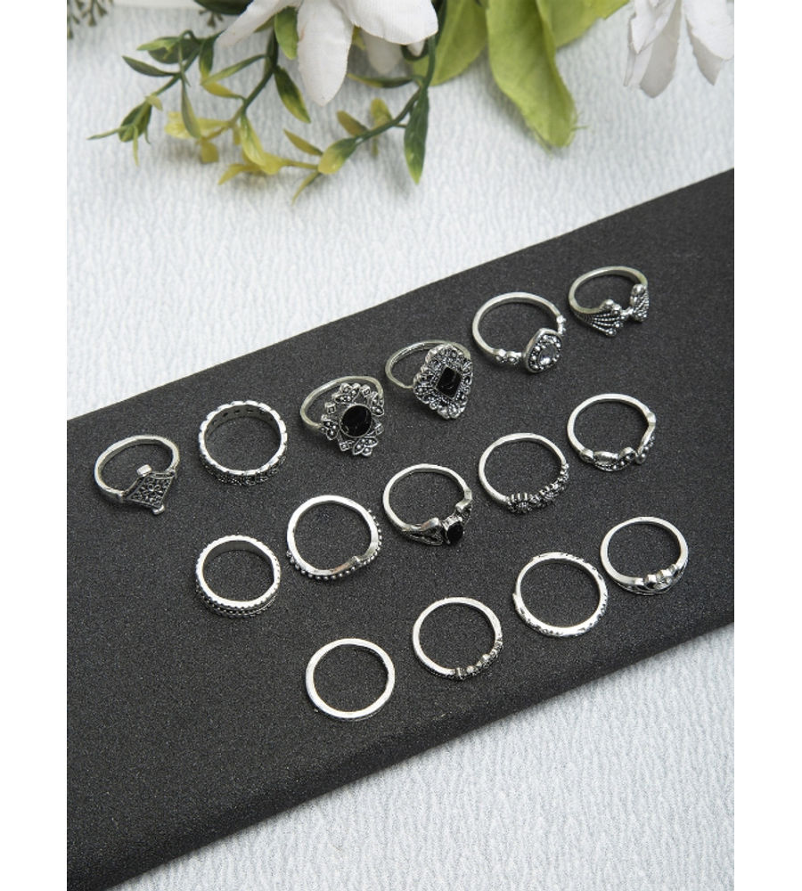 YouBella
Women Set Of 15 Silver-Toned & Black Textured Finger Rings