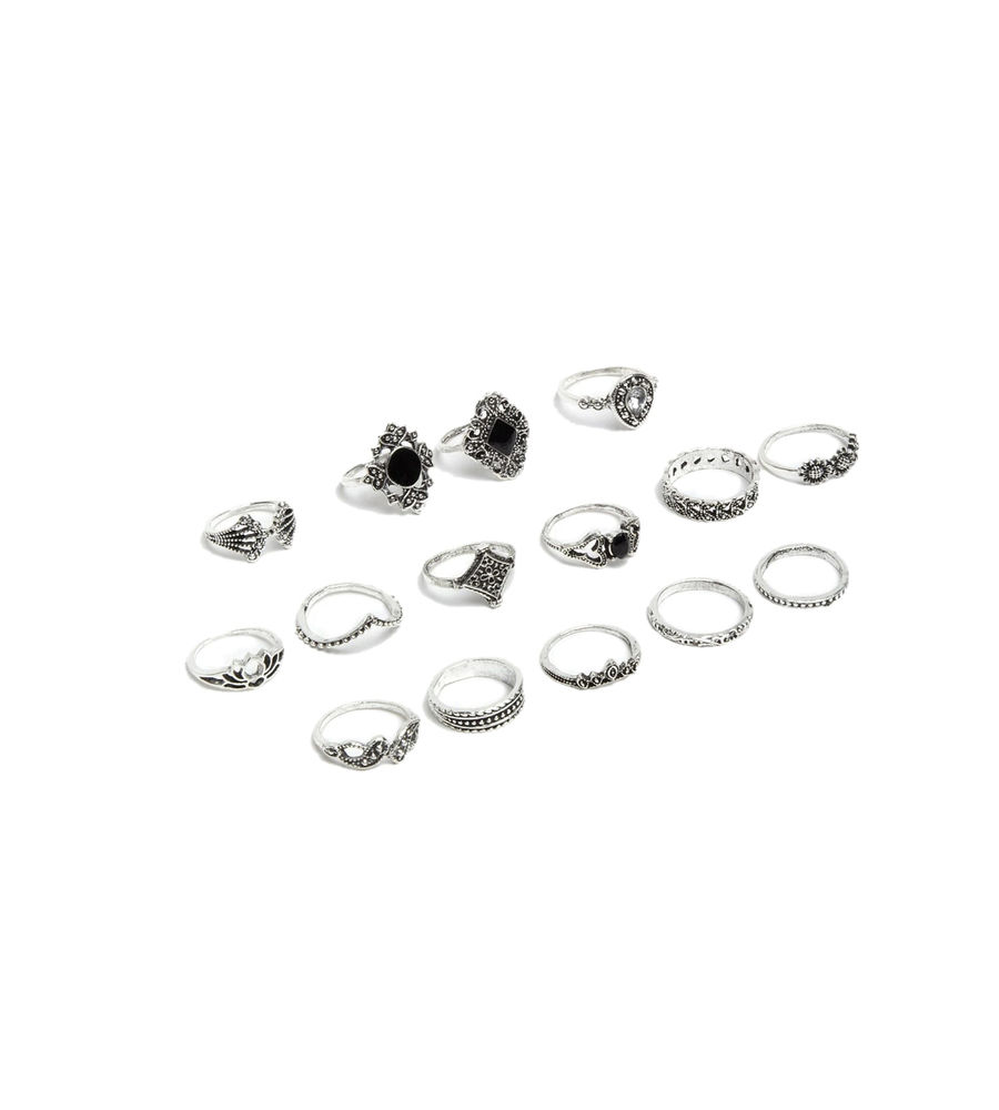 YouBella
Women Set Of 15 Silver-Toned & Black Textured Finger Rings