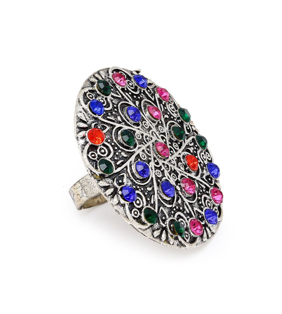 YouBella
Silver-Plated Blue & Orange Stone-Studded Afgan Adjustable Finger Ring