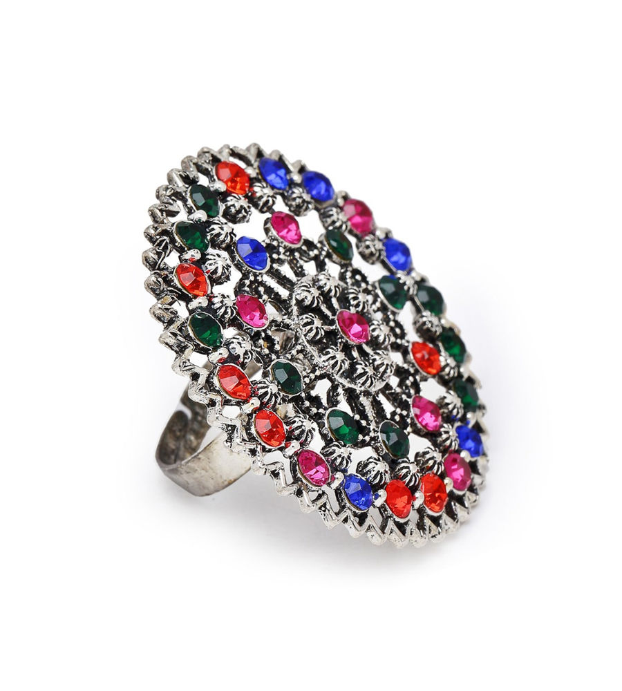 YouBella Silver-Plated Green  Orange Stone-Studded Adjustable Finger Ring