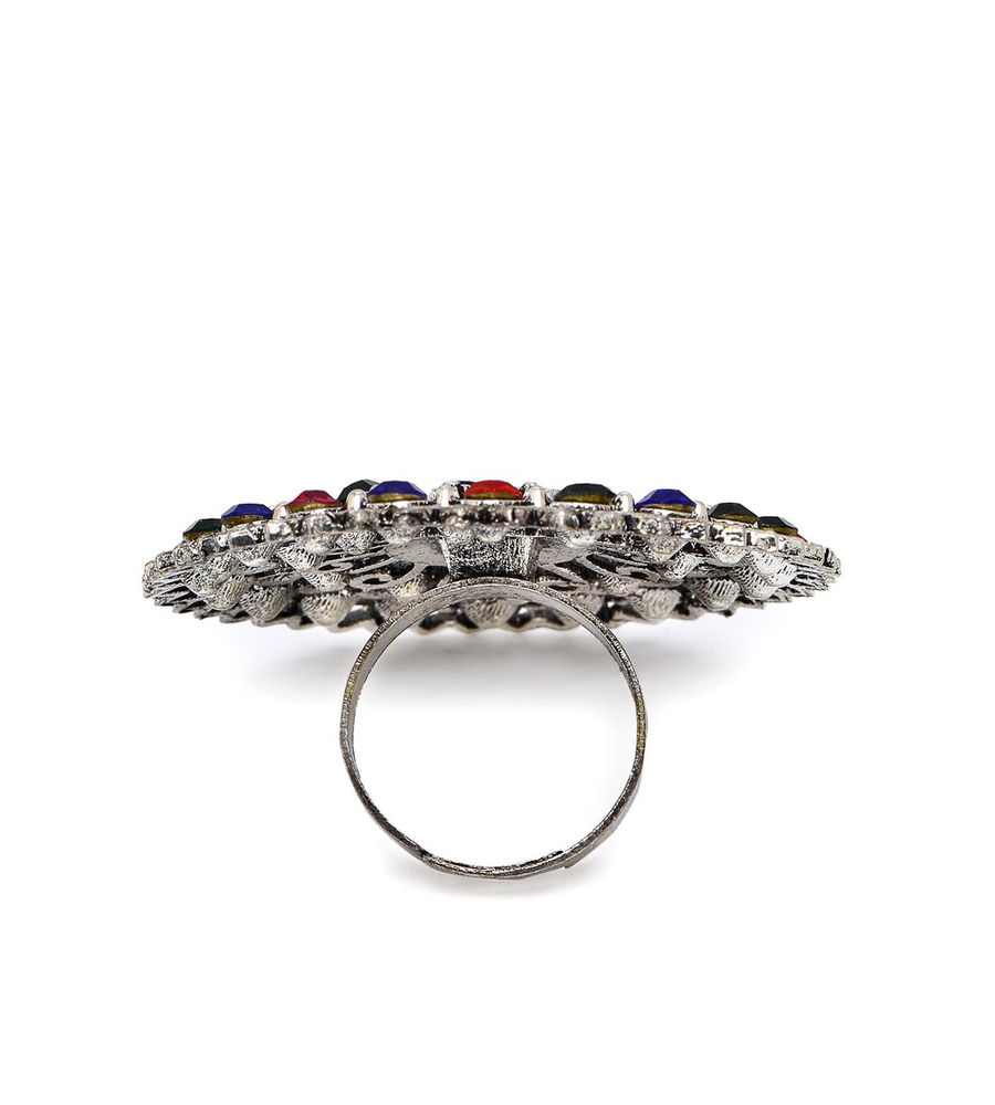 YouBella
Silver-Plated Blue & Orange Stone-Studded Afgan Adjustable Finger Ring