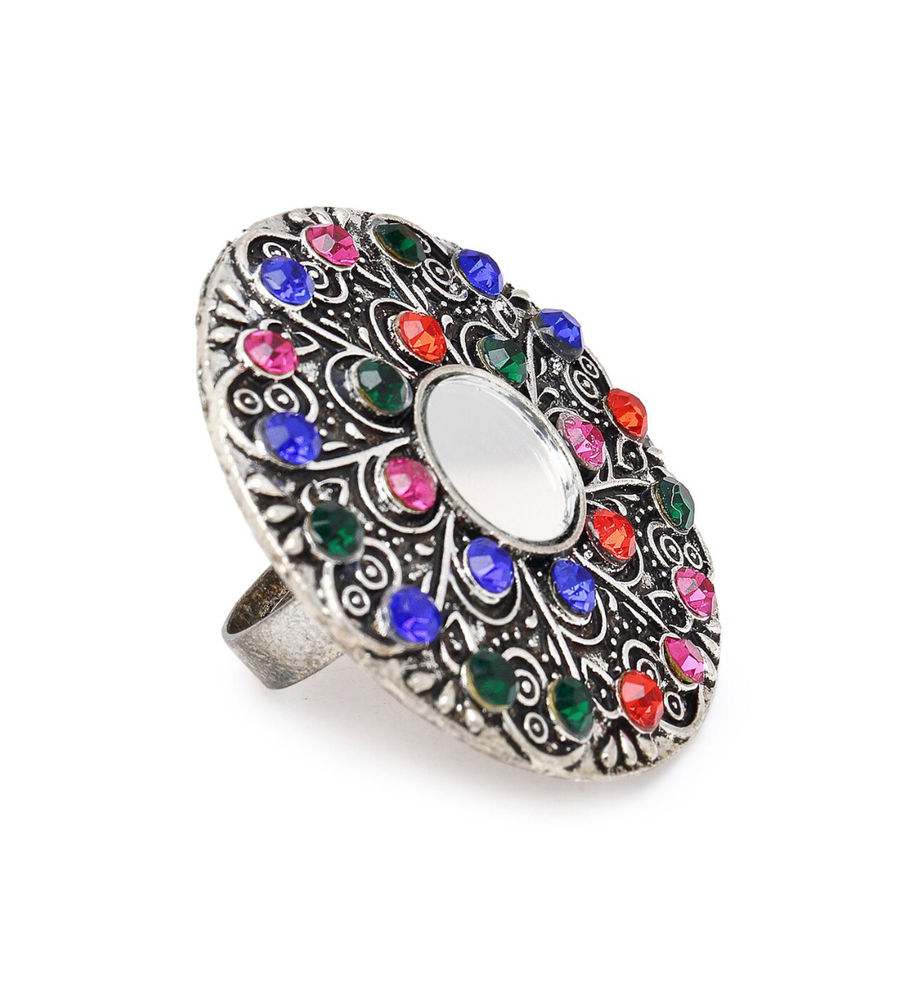 YouBella
Silver-Plated Blue & Orange Stone-Studded Afgan Adjustable Finger Ring