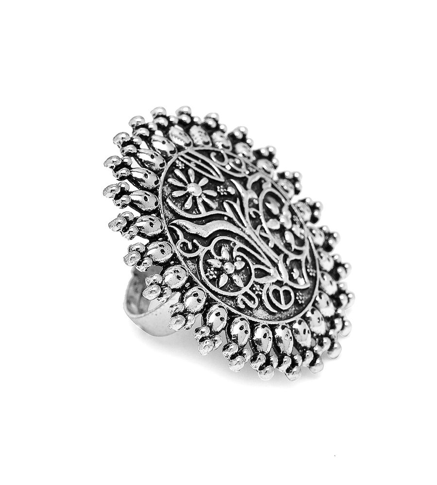 YouBellaSet Of 3 Oxidised Silver-Plated Black Stone-Studded Adjustable Finger Ring