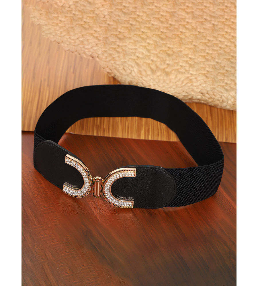 YouBella Women Fashion Jewellery Gold-Toned Stretchable Black Waist Belt With Black leather  for Women and Girls