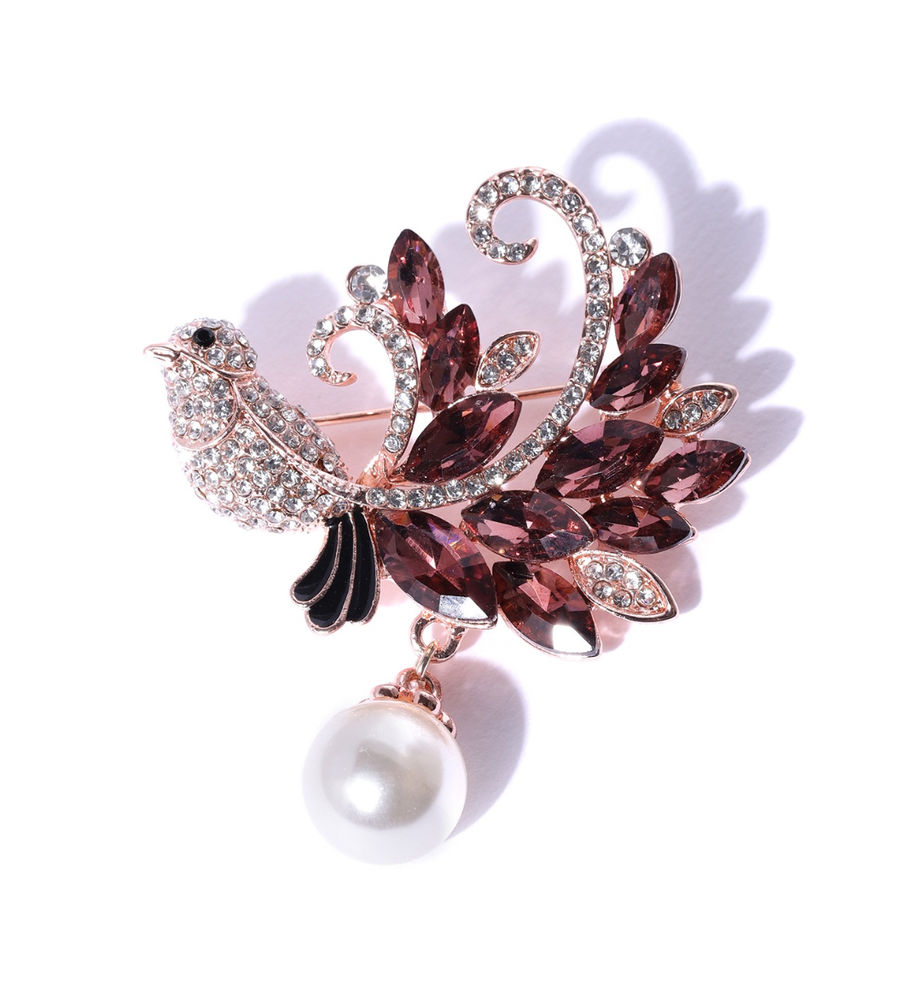 YouBella Women Brown  Rose Gold-Toned Stone-Studded  Beaded Bird Shaped Brooch