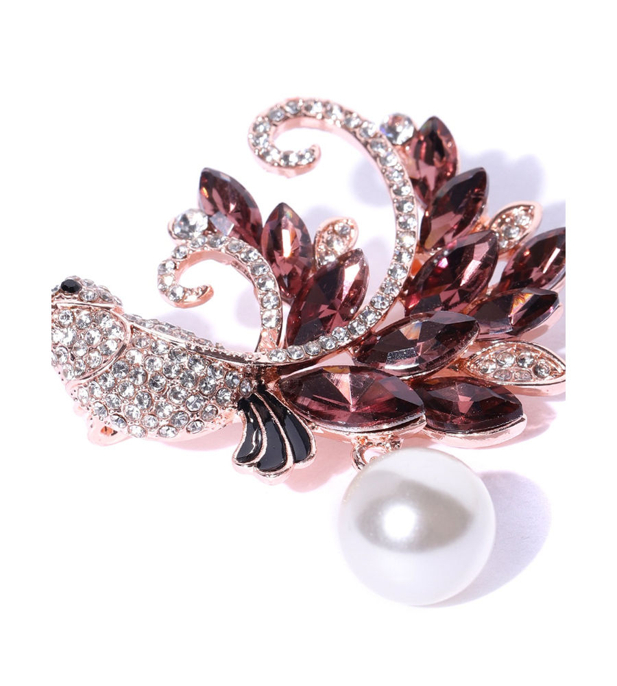 YouBella Women Brown  Rose Gold-Toned Stone-Studded  Beaded Bird Shaped Brooch