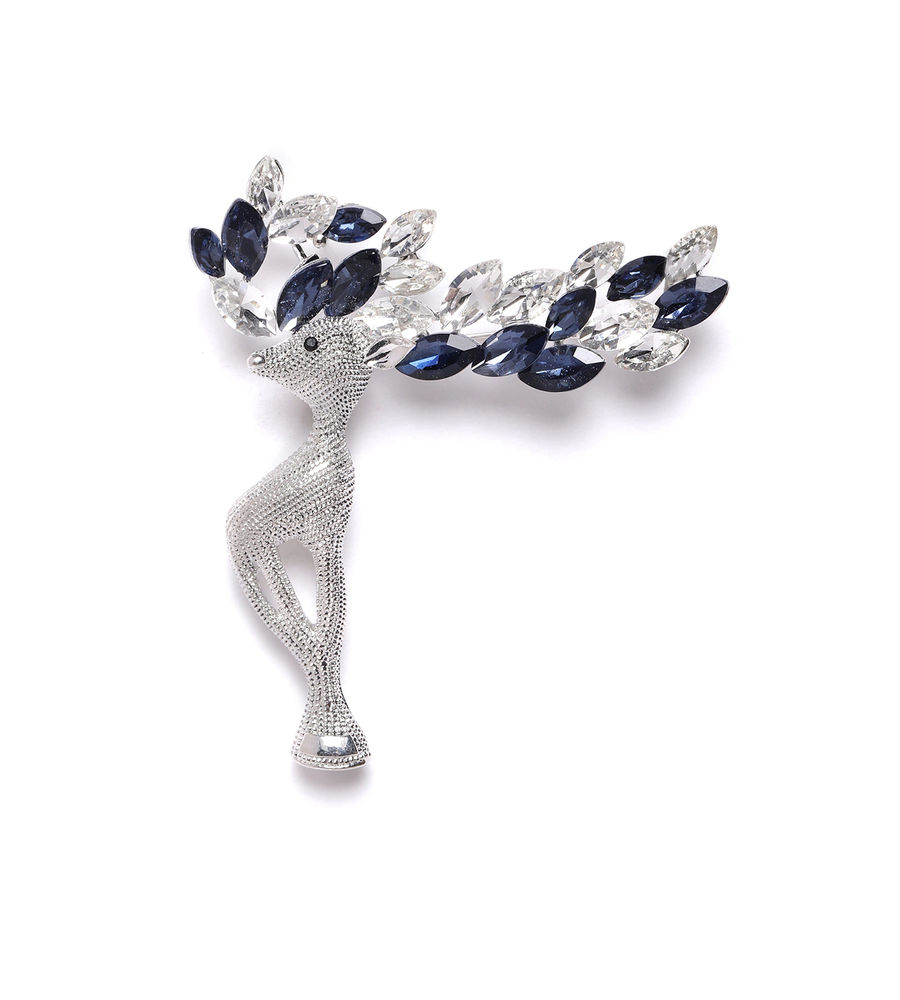 YouBella Women Silver-Toned  Navy Blue Stone Studded Reindeer Shaped Statement Brooch