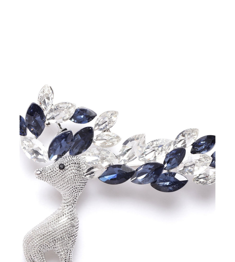 YouBella Women Silver-Toned  Navy Blue Stone Studded Reindeer Shaped Statement Brooch