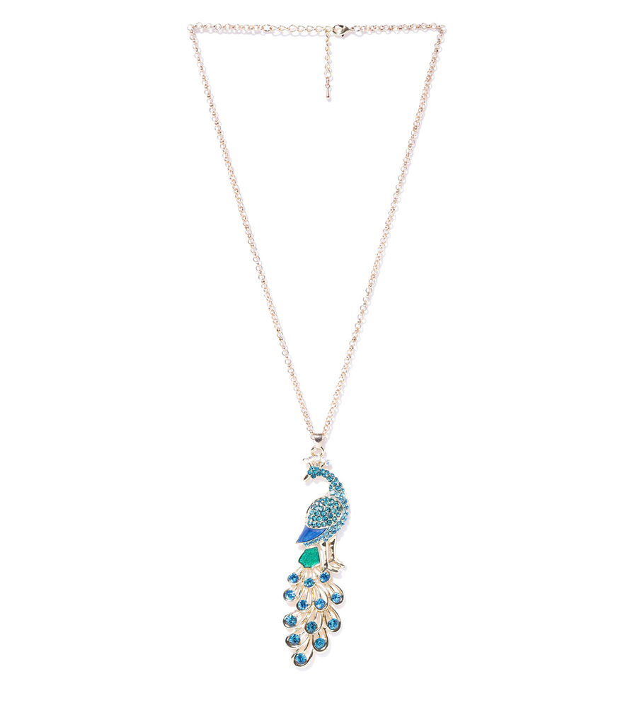 YouBella Blue  Gold-Toned Peacock-Shaped Stone-Studded Pendant with Chain