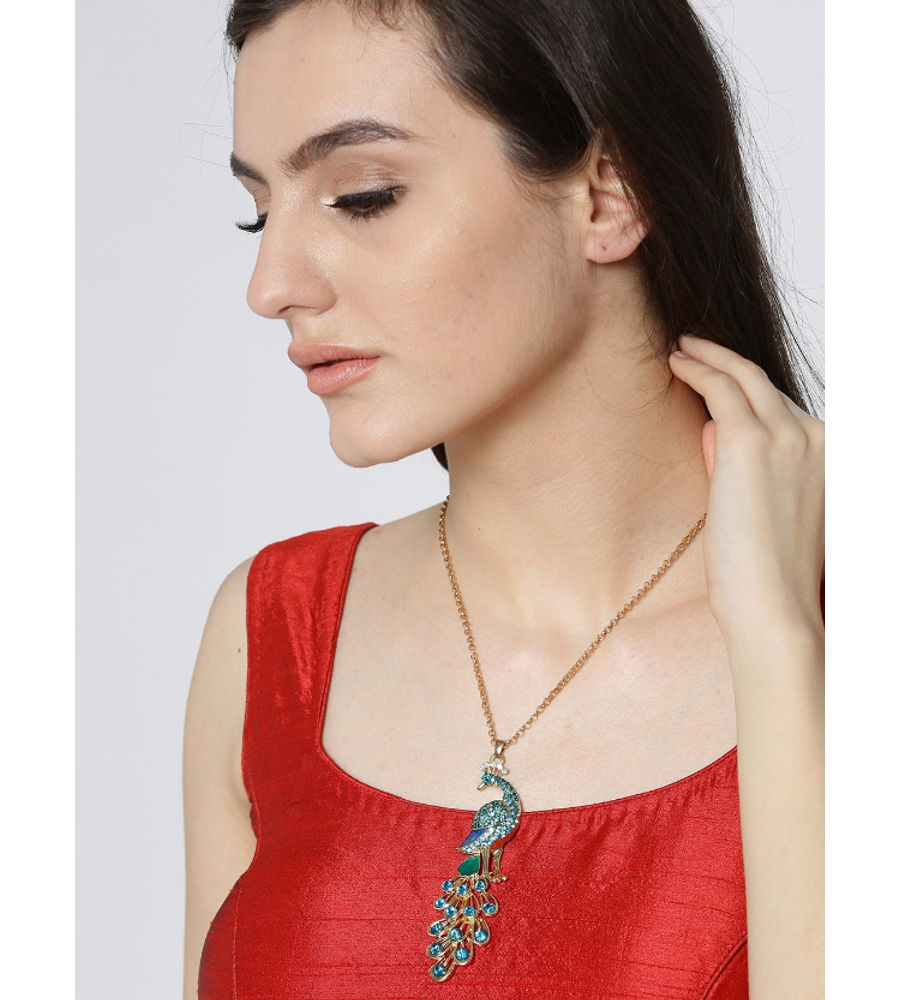 YouBella Blue  Gold-Toned Peacock-Shaped Stone-Studded Pendant with Chain