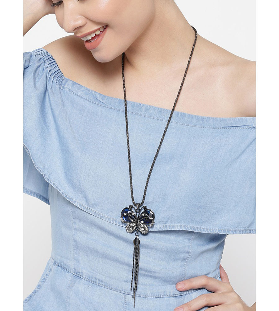 YouBella Gunmetal-Toned  Blue Stone-Studded Pendant with Chain