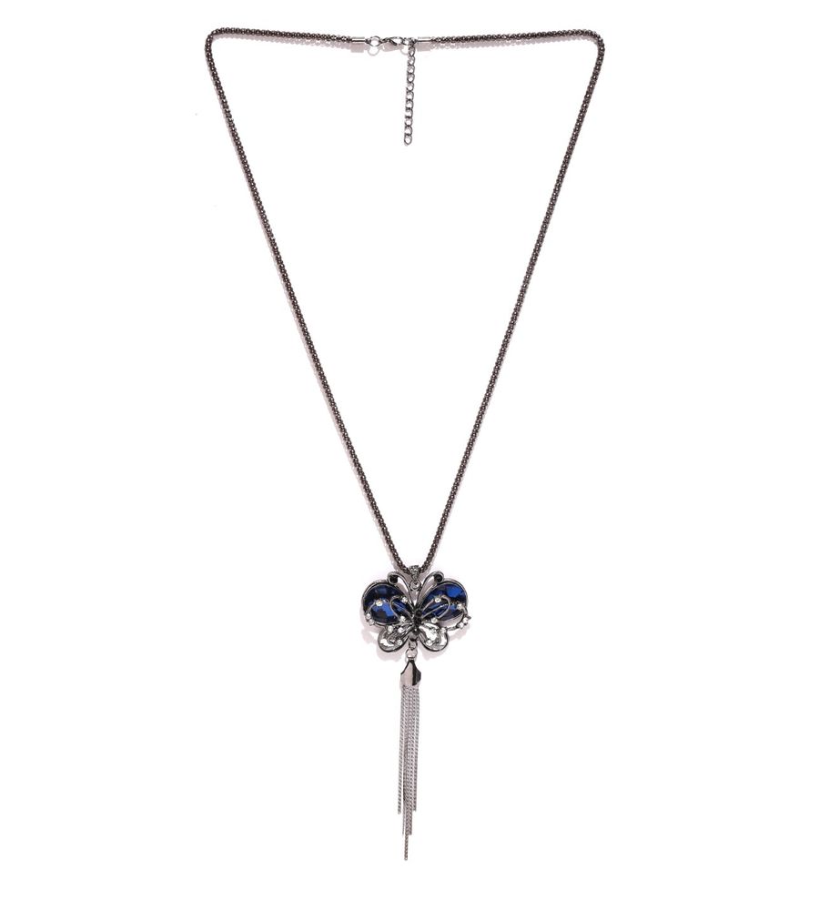 YouBella Gunmetal-Toned  Blue Stone-Studded Pendant with Chain