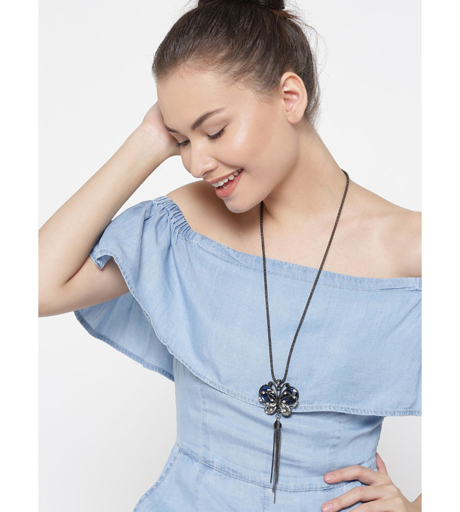 YouBella Gunmetal-Toned  Blue Stone-Studded Pendant with Chain