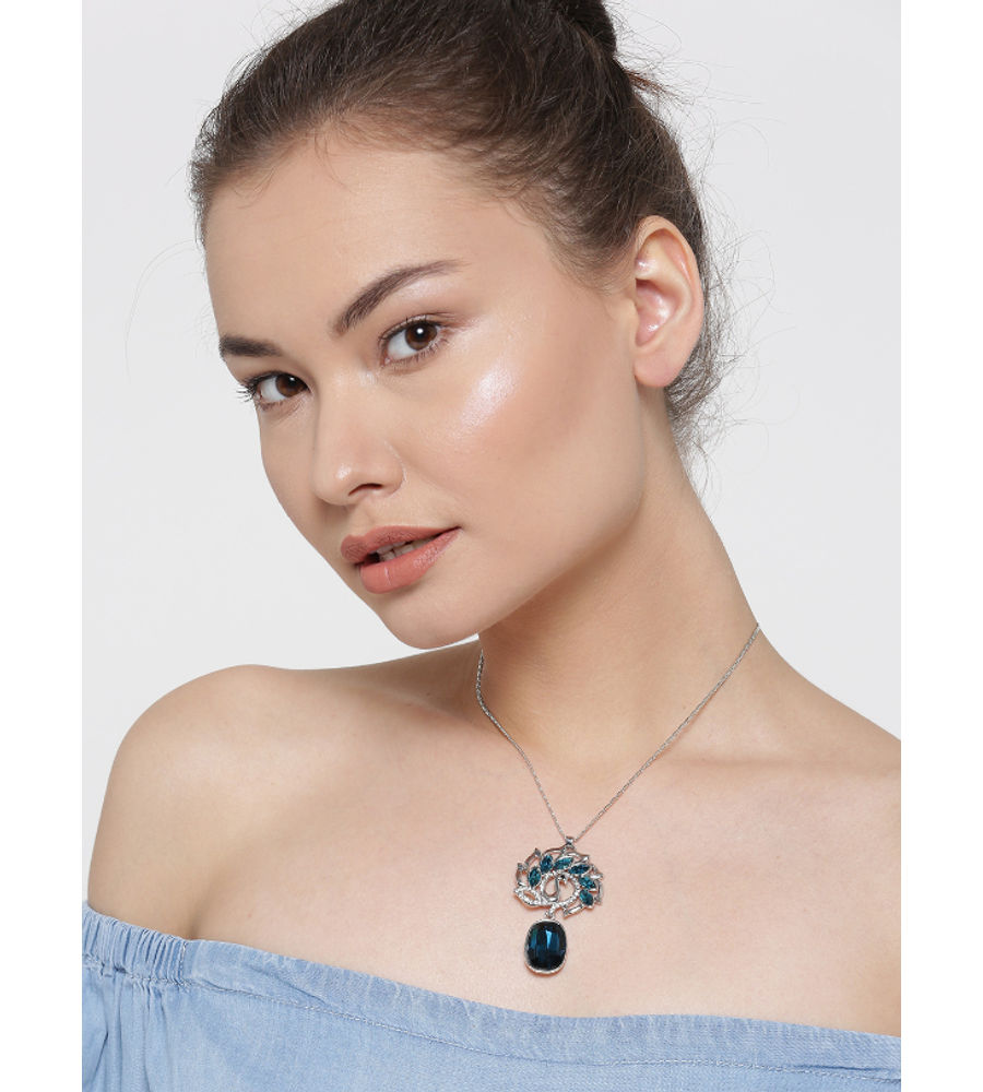 YouBella Silver-Toned  Blue Stone-Studded Pendant with Chain