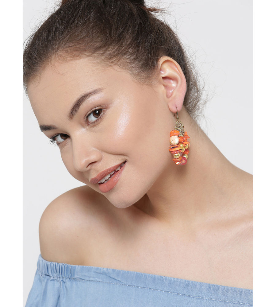 YouBella Orange Gold-Plated Beaded Drop Earrings