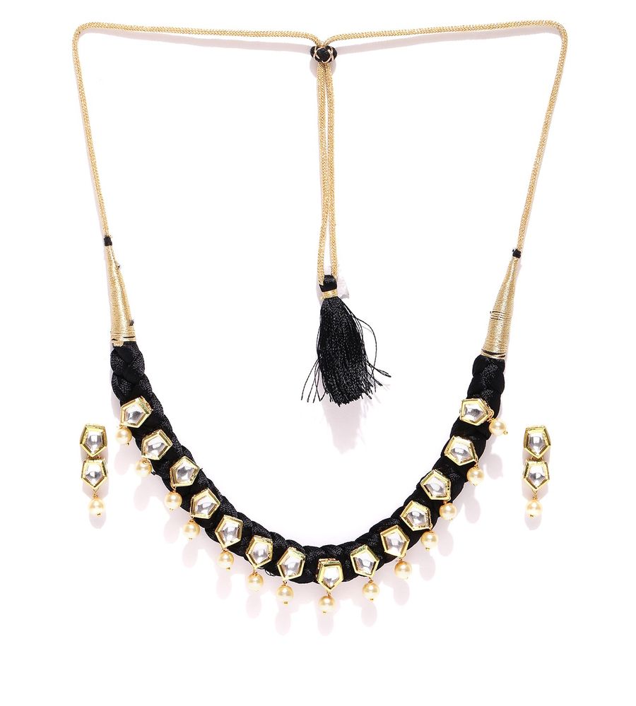 YouBella Black  Gold-Toned Stone-Studded Beaded Jewellery Set