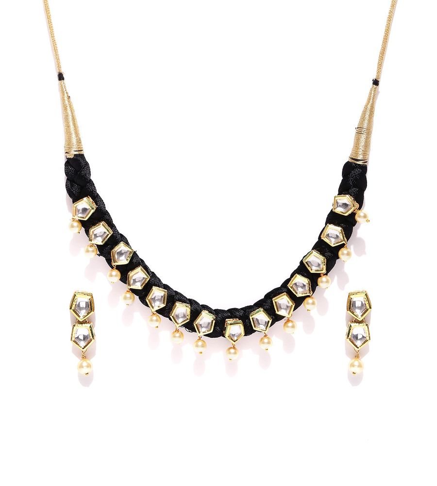 YouBella Black  Gold-Toned Stone-Studded Beaded Jewellery Set