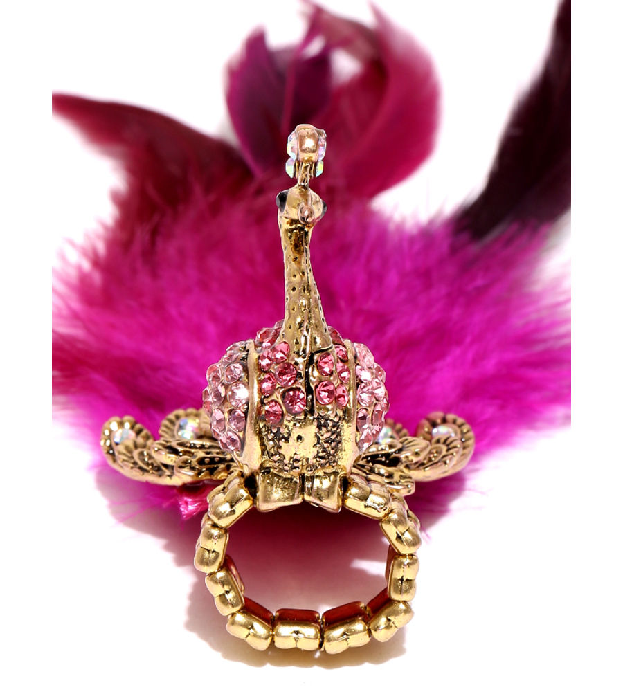 YouBella Antique Gold-Toned  Pink Peacock-Shaped Stone-Studded Ring