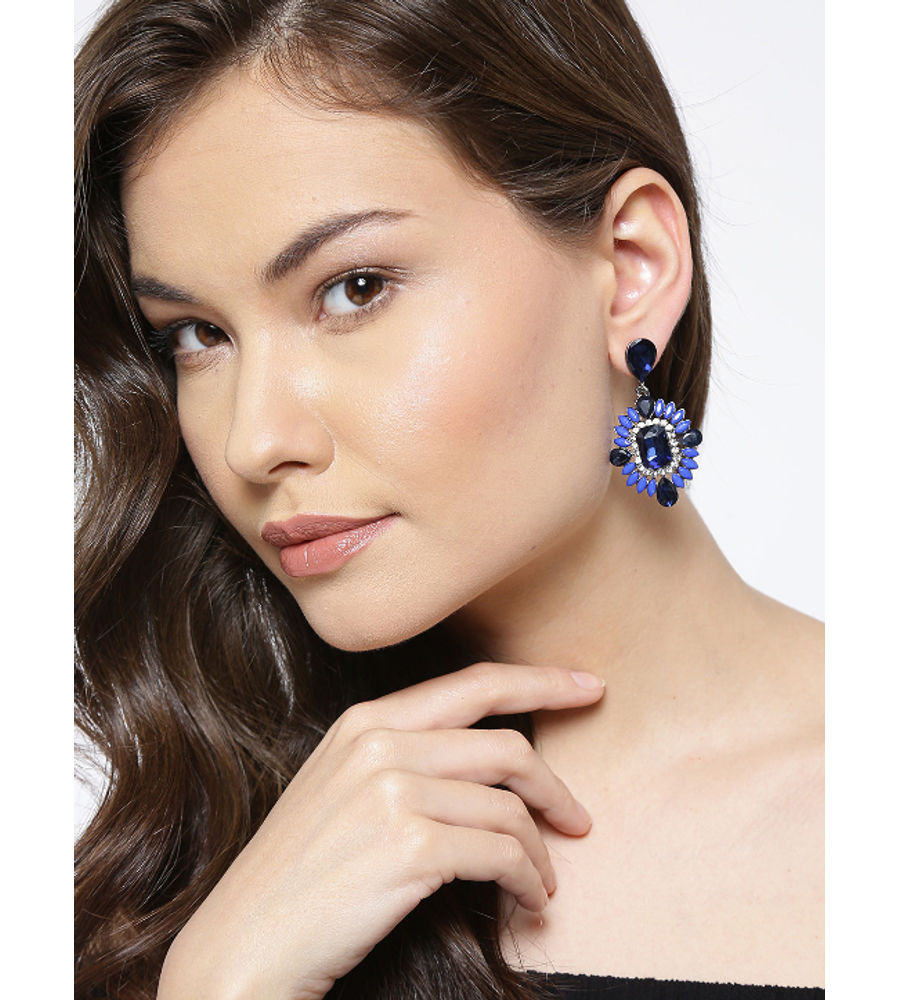 YouBella Blue Silver-Plated Stone-Studded Contemporary Drop Earrings