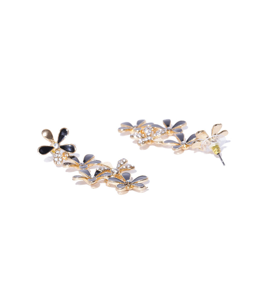 YouBella Black Gold-Plated Stone-Studded Floral Drop Earrings