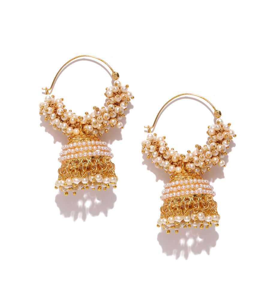 YouBella Off-White Gold-Plated Beaded Dome Shaped Jhumkas