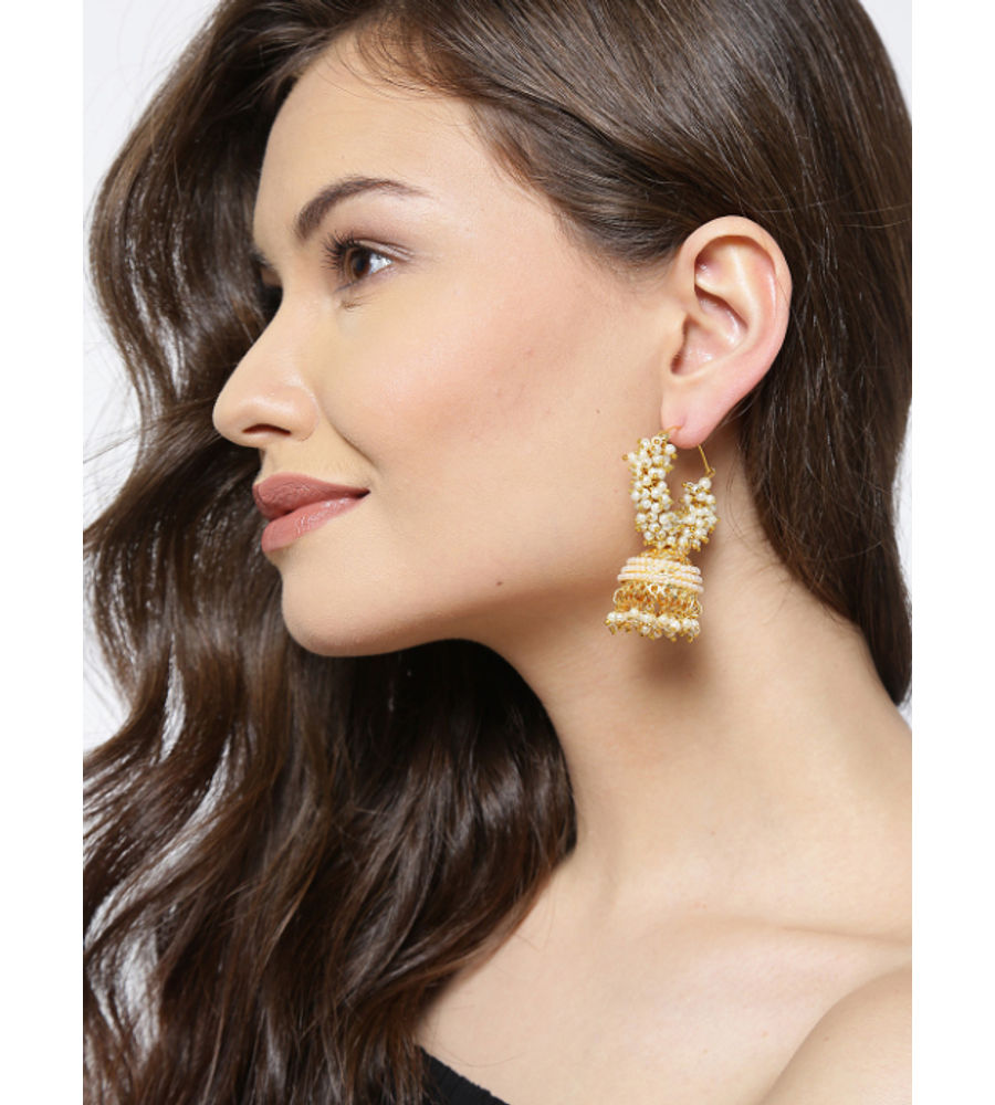 YouBella Off-White Gold-Plated Beaded Dome Shaped Jhumkas